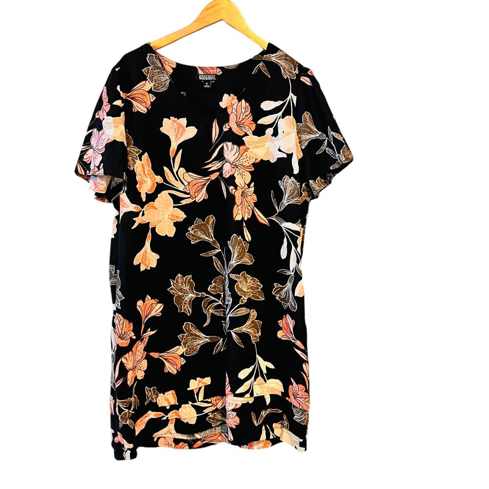 Nicole Miller Linen Blend Floral Short Sleeve Dress Size XL NEW Black Multi - Picture 2 of 9